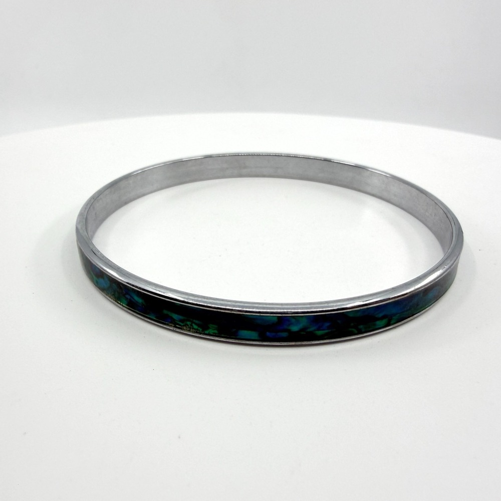 Sleek Silver Tone Abalone Inlay Bangle Bracelet Boho Stacking Accessory
